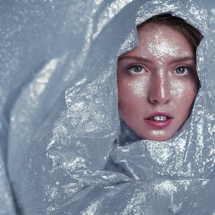 Prompt: closeup portrait of a woman wrapped in luminescent foil, standing in the snow, color photograph, by vincent desiderio, canon eos c 3 0 0, ƒ 1. 8, 3 5 mm, 8 k, medium - format print