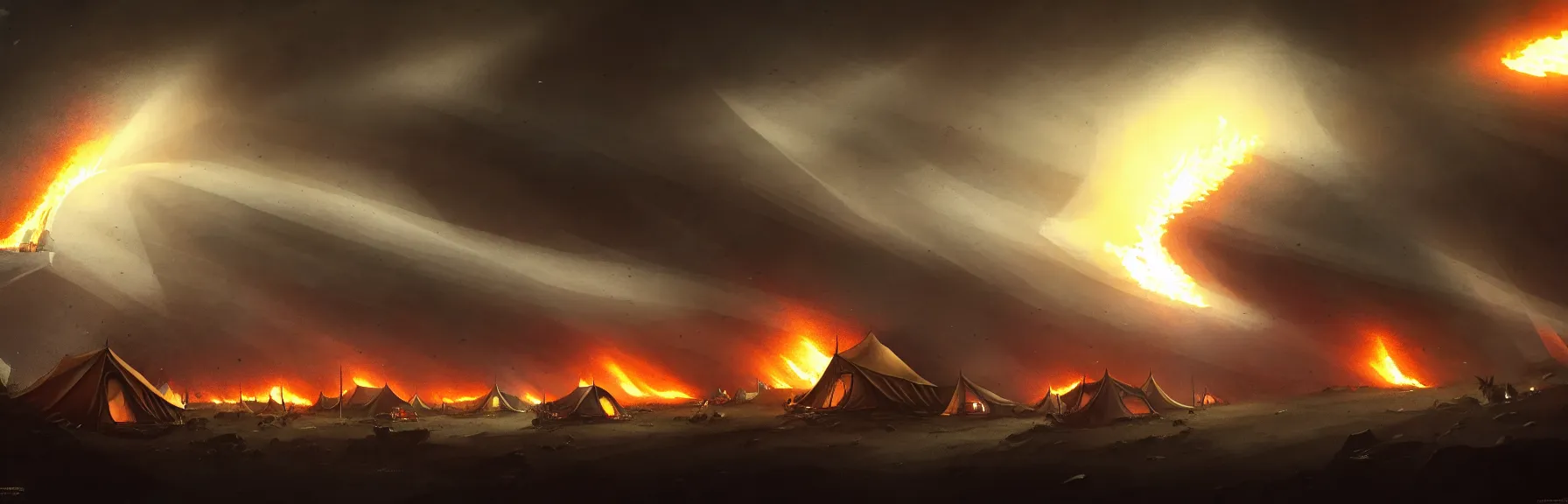 Image similar to You step out of the tent and are about to start running when it suddenly gets incredibly bright, Tents are on fire. you hear screams You look up, Mighty zeppelins hover in the sky above you, cruise missile strikes, a little further away, a camp is bombarded from the air, intricate and epic concept art, highly detailed, 8k, cinematic