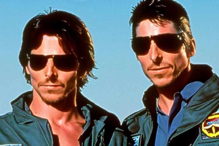 Image similar to film still of Christian Bale as Maverick in Top Gun 1986