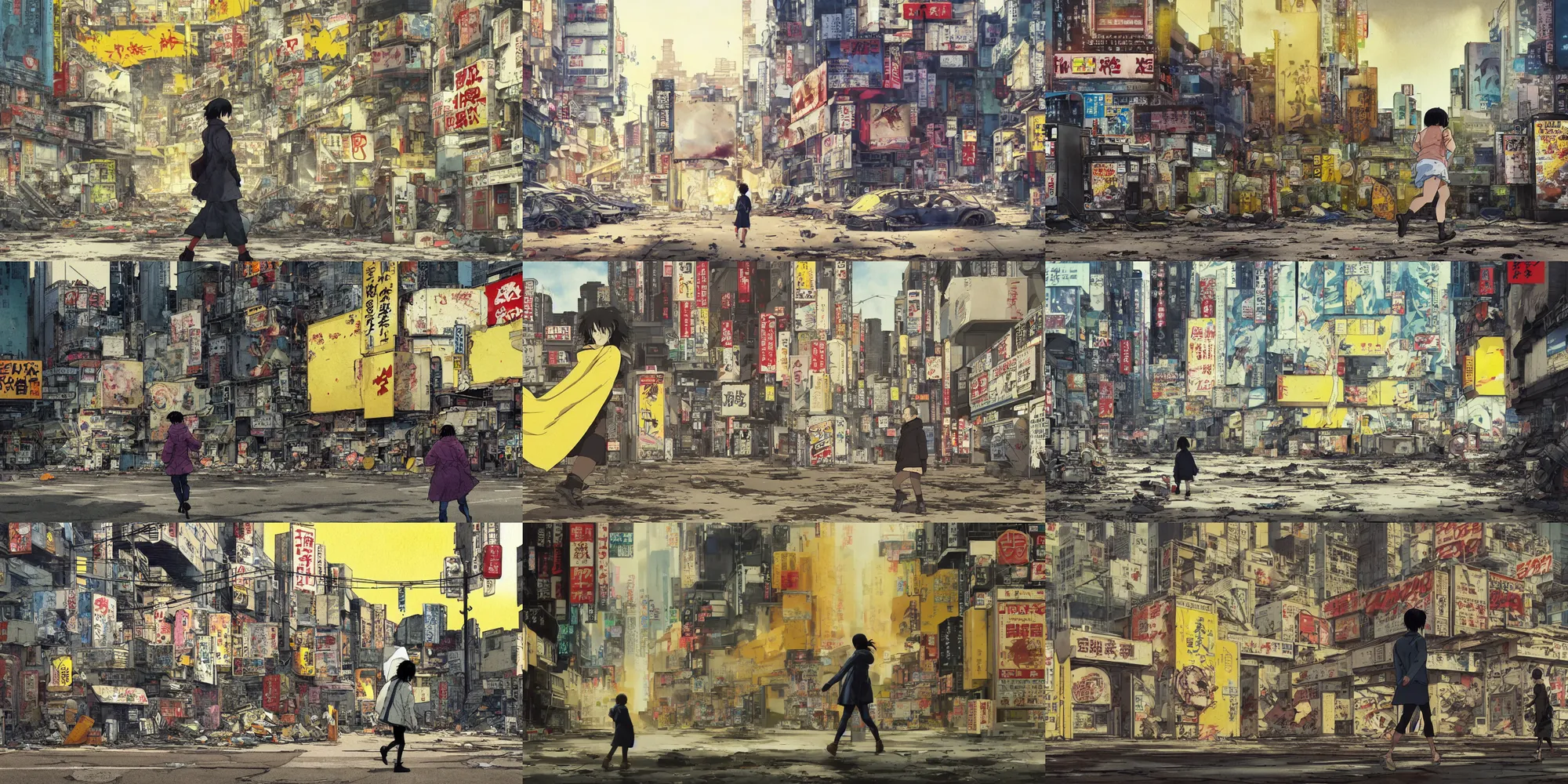 Prompt: incredible wide screenshot, ultrawide, simple watercolor, rough paper texture, katsuhiro otomo ghost in the shell movie scene, backlit distant shot of girl in a parka running from a giant robot invasion side view, yellow parasol in deserted dusty shinjuku junk town, broken vending machines, bold graphic graffiti, old pawn shop, bright sun bleached ground, mud, fog, dust, windy, scary robot monster lurks in the background, ghost mask, teeth, animatronic, black smoke, pale beige sky, junk tv, texture, shell, brown mud, dust, tangled overhead wires, telephone pole, dusty, dry, pencil marks, genius party,shinjuku, koju morimoto, katsuya terada, masamune shirow, tatsuyuki tanaka hd, 4k, remaster, dynamic camera angle, deep 3 point perspective, fish eye, dynamic scene