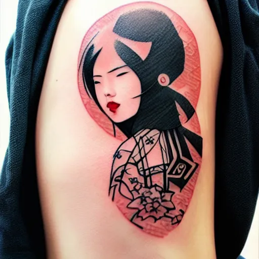 Image similar to tattoo design, stencil, traditional Japanese, beautiful portrait of a girl by artgerm, artgerm