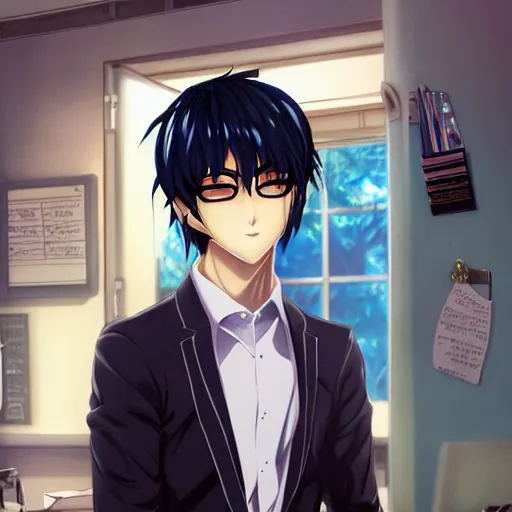 Prompt: aloof anime man with emo hair wearing jock clothes, standing in headmistress's office, smug grin, smug expression, punchable expression, sharp details, subsurface scattering, intricate details, art by artgerm, anime, anime hd wallpaper, 2 0 1 9 anime screenshot