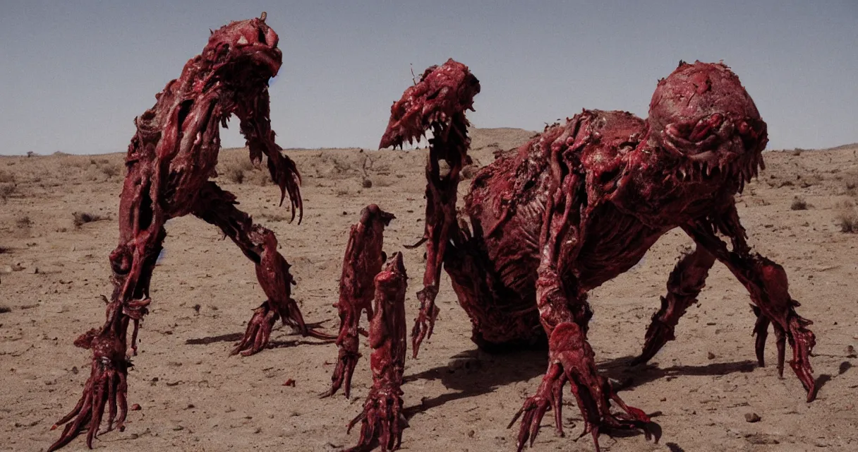 Image similar to in the desert a bloody gross horrifying The Thing creature made of muscle and bone and blood stares at the camera, eating, mid day, 35mm photography, realistic,