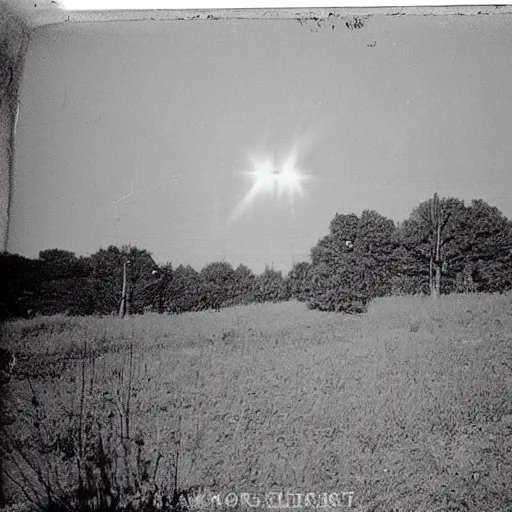 Prompt: a very bright flash in the sky, a large explosion in the distance, taken on a ww 2 camera, very high bloom ammount, realistic, the photograph is very dirty.