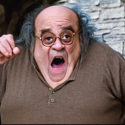 Prompt: movie still of danny devito starring as gimly in the 2 0 2 6 lord of the rings movie, full body