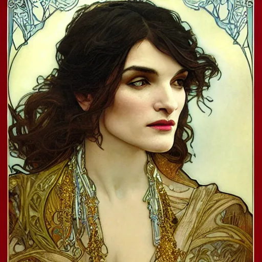 Image similar to rachel weisz portrait by louis - theophile hingre and alphonse mucha, realistic, sharp focus, zodiac signs, tarot cards, planets, ethereal, art nouveau, magic, moon, sun, crown, dreamy, royal, jewellery