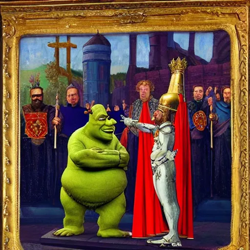 Image similar to shrek is crowned as the byzantine emperor, oil on canvas, 1 8 9 3, high quality, high resolution