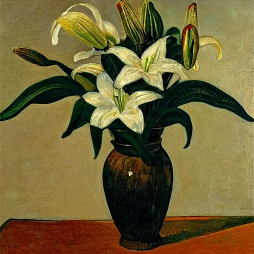 Prompt: white lilies in vase on table, natural lighting, painting by vincent van gough