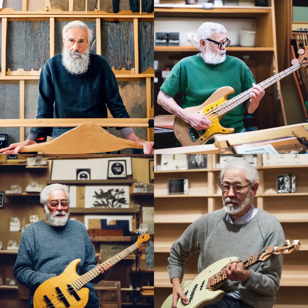 Prompt: slim Canadian 70 year old man with gray hair and beard, forest green sweatshirt, blue jeans, playing bass guitar in his woodblock print showroom in Tokyo, DSLR photo