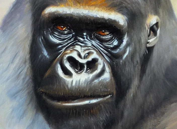 Image similar to a highly detailed beautiful portrait of a gorilla wearing a suit, by gregory manchess, james gurney, james jean