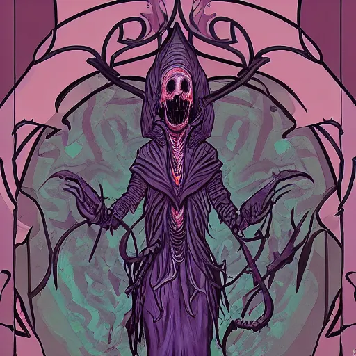 Prompt: undead ilithid mindflayer dracolich, Dungeons & Dragons, Art nouveau, honeycomb background,