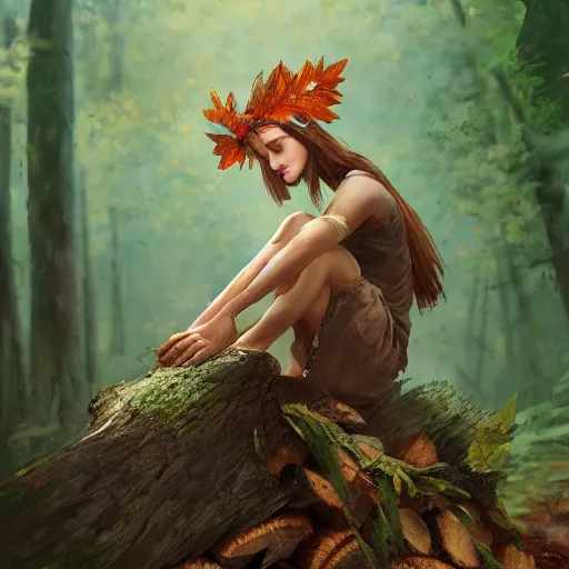 Image similar to forest girl, leaf crown, sitting on a log, in a forest, by Greg Rutkowski, trending on artstation, unreal engine, 4k, digital art