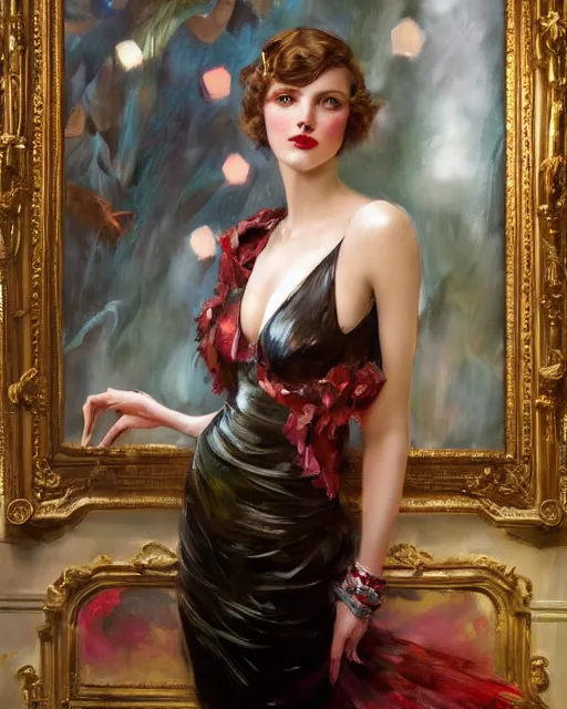 Prompt: daniel gerhartz and artgerm portrait digital realist painting of a 1 9 2 0 s beautiful woman at a party in a mansion, mansion interior in the background, unreal engine, hyper realism, realistic shading, cinematic composition, realistic render, octane render, detailed textures, photorealistic, ultrawide shot, 3 5 mm film