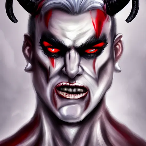 Prompt: muscular demon with white horns, white face, young, careless, focus on face, still, photograph, digital painting, trending on artstation, masterpiece, in the style of JB Casacop