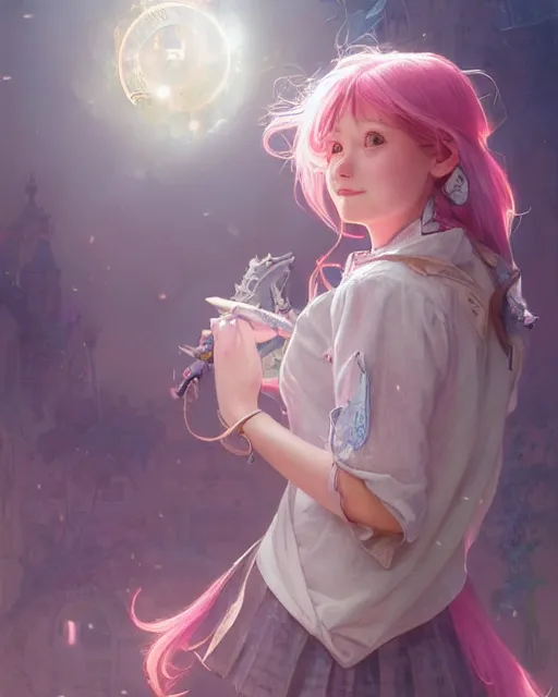 Image similar to portrait of an innocent lost college girl with pink hair, magic school uniform, fantasy building, intricate, sharp focus, lens flare, bloom, rim light, illustration, highly detailed, digital painting, concept art, matte, art by wlop and artgerm and greg rutkowski and alphonse mucha, masterpiece