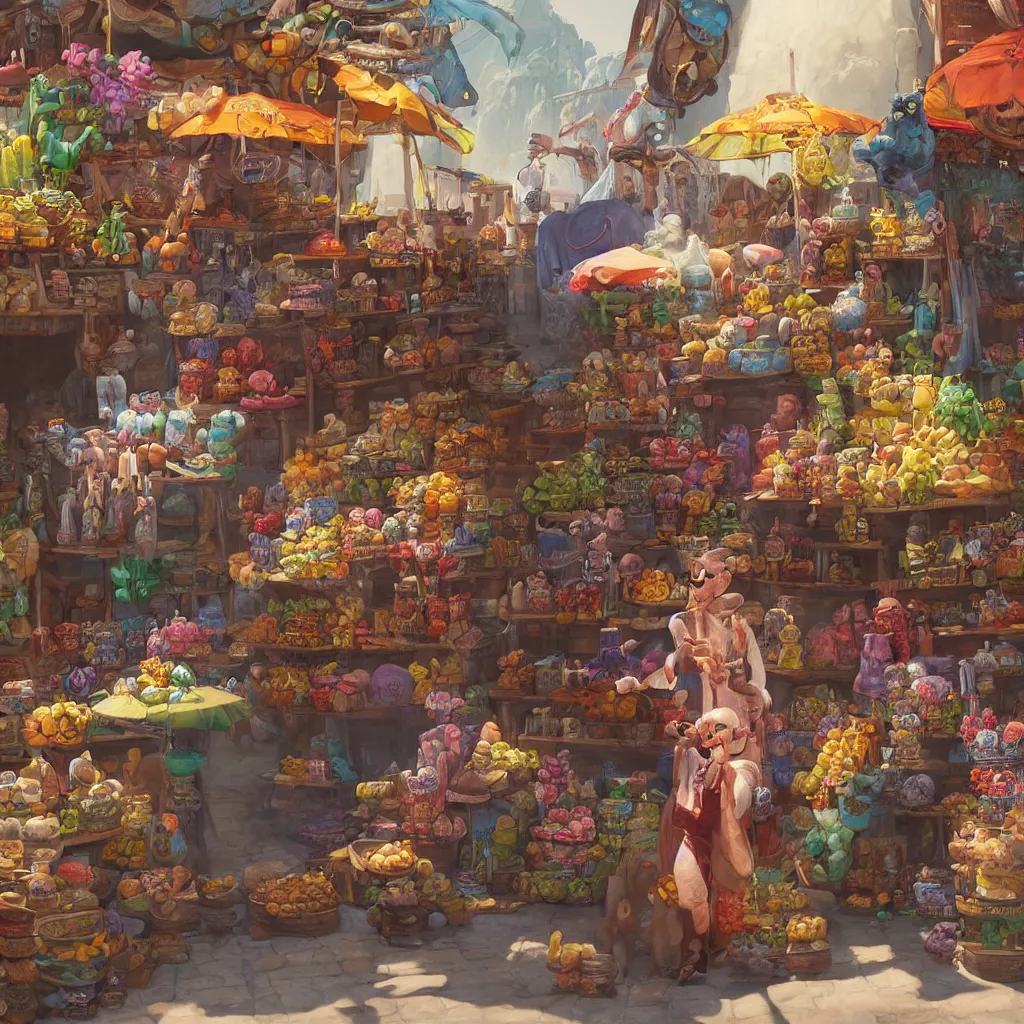 Prompt: a beautiful portrait painting of weird happy monster merchant in an outdoor bazaar by james gurney | unreal engine :. 3