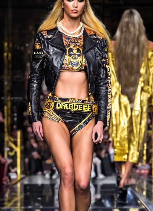 Image similar to hyperrealistic and heavy detailed versace runway show of judge dredd, leica sl 2 5 0 mm, vivid color, high quality, high textured, real life