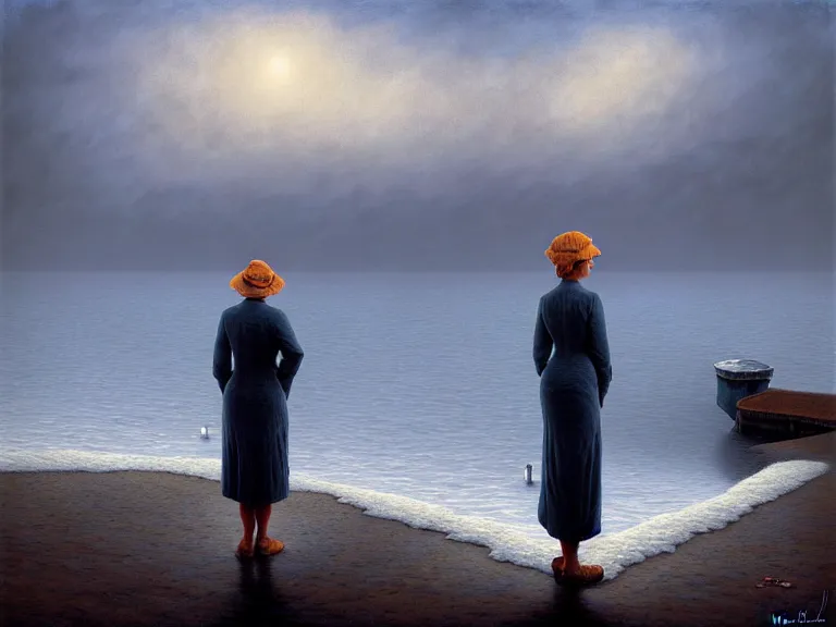 Prompt: a woman standing on a forgotten wharf on a cold sea by rob gonsalves and vladimir kush and ruth deckard and gil elvgren and harry ekman and george petty, crisp details, hyperrealism, high detail, high contrast, low light, grey mist, cobblestones, dim lantern