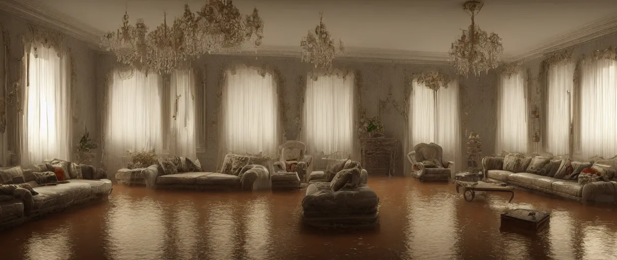 Image similar to decorative empty victorian livingroom flooded with water, octane render, 8k, artstation, concept art, smooth, sharp focus