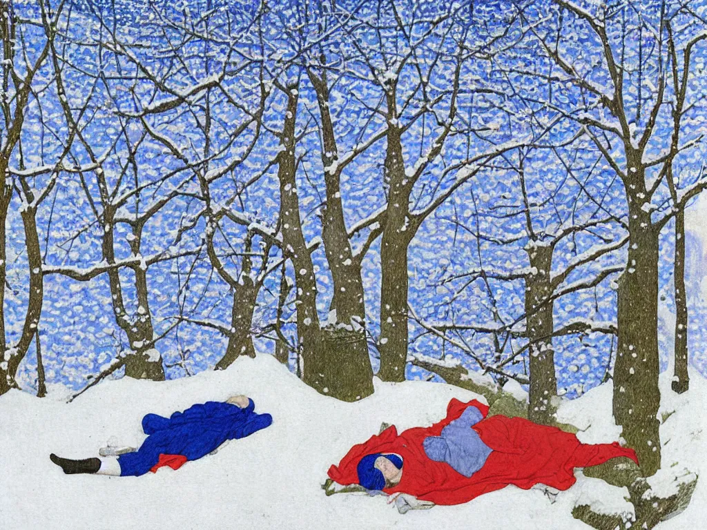 Image similar to portrait of a man sleeping in the snow. painting by limbourg brothers