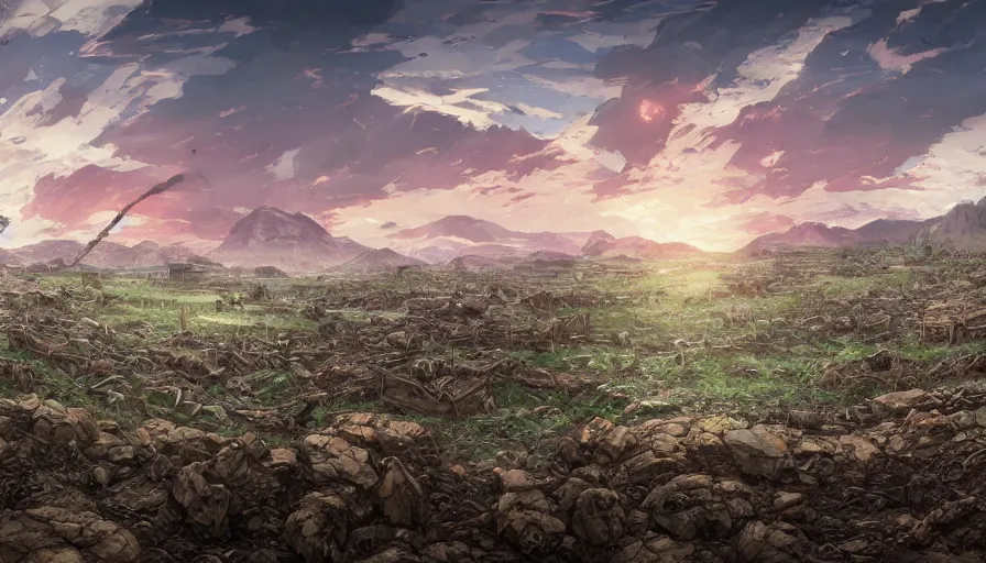 Prompt: the beautiful, chilling, mundane panoramic view of a field after war filled with dead soldier calvary and rocks at dusk. hyperrealistic anime background illustration by kim jung ki, borderlands, colorful, extremely detailed intricate linework, smooth, super sharp focus, bright colors, high contrast, matte, octopath traveler, unreal engine 5 highly rendered, global illumination, radiant light