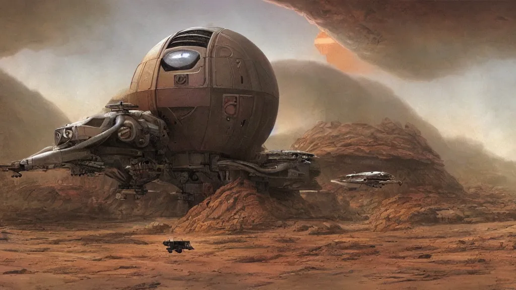 Image similar to small organic dropship lander by john schoenherr and jim burns, epic cinematic matte painting