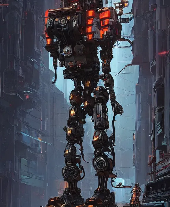 Image similar to cyberpunk digital illustration pathfinder robot from apex legends, portrait by james gurney and laurie greasley, concept art, cinematic composition, hyper realism, photorealistic, dramatic lighting, highly detailed, vintage sci - fi