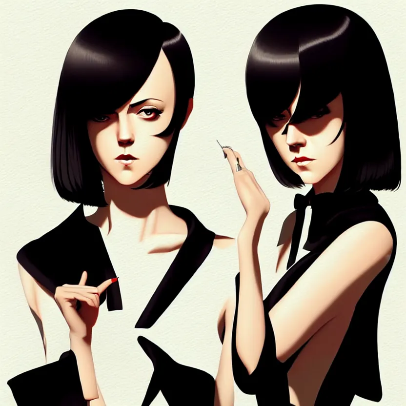 Image similar to jena malone, slim cruel business girl in tuxedo with black bob hair, elegant, 2 d, ultra highly detailed, digital painting, smooth, sharp focus, artstation, art by ilya kuvshinov!