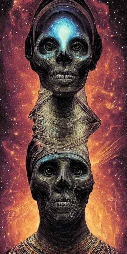 Image similar to intense glowing egyptian mummy god with ancient bandages and intense black eyes with a skull in very dark cosmic nebula by artgerm and beksinski and alphonse mucha, portrait, centered, symmetrical, clear, light beams, lens flare, intense, pharoah, uhd, amazing depth, cinematic lighting, black and purple and shining gold