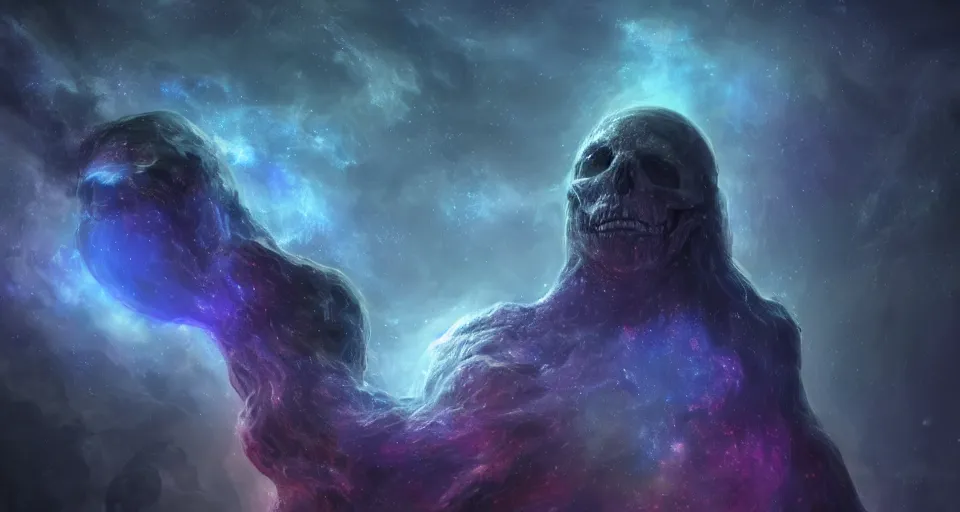 Image similar to a photo of one enormous humanoid pearlescent!! smoke!! skeletal cosmic!! old god!! floating in space!! in a nebula!!!!, 4 k, unreal engine, concept art, matte painting, cosmic horror!!, nightmare, color accents,