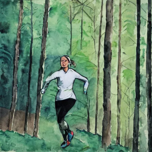 Image similar to a female orienteer wearing a green long - sleeved shirt and black tights runs in the forest, watercolor on canvas.