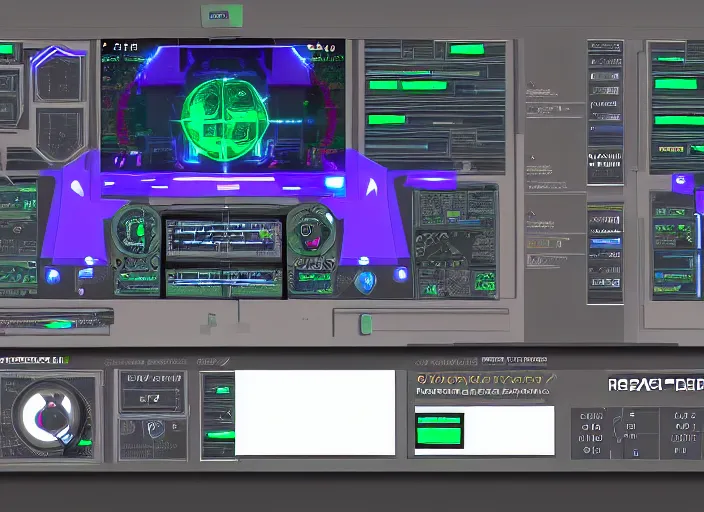 Image similar to cyberpunk graphics user interface ( gui ) depicting operational controls of a mech robot. design by mark coleran or jayse hansen