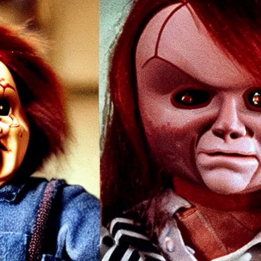 Image similar to Chucky the killer doll being held by Johnny Depp playing Charles Lee Ray