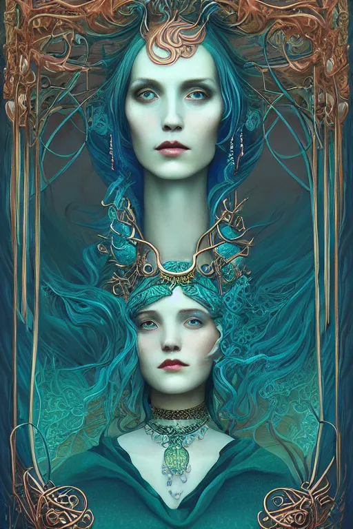 Image similar to Copper Crown with iridescent pearls and cyan jewels, other worldly, art nouveau, by Anato Finnstark, Tom Bagshaw, Brom