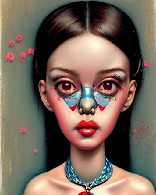 Prompt: closeup face profile portrait of a tin toy bikini girl, hyper realistic, artstation, illustration, nicoletta ceccoli, mark ryden, lostfish, max fleischer, digital paint, matte paint, vivid colors, dark, sinister, detailed and intricate environment