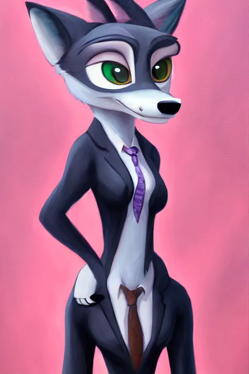 Image similar to oil painting of anthromorphic female wolf, in style of zootopia, female fursona, furry, furaffinity, 4 k, deviantart, furry art, fursona art, wearing black business suit, business suit, wolf fursona, female, smug expression,