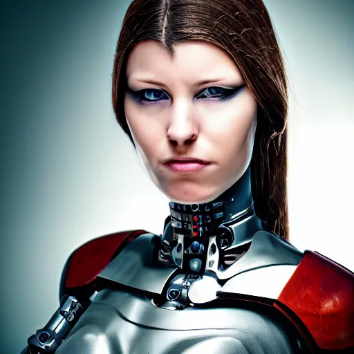 Prompt: portrait photo of a beautiful female cyborg. middle ages.
