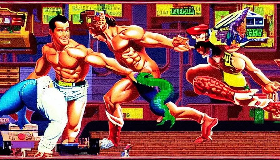 Prompt: beautiful still from retro snes arcade game featuring muscular gene kelly on steroids demanding a refund on undercooked overpriced dinosaur steak in downtown dive bar bistro, hyperreal detailed facial features and uv lighting, retro nintendo bitmap pixel art