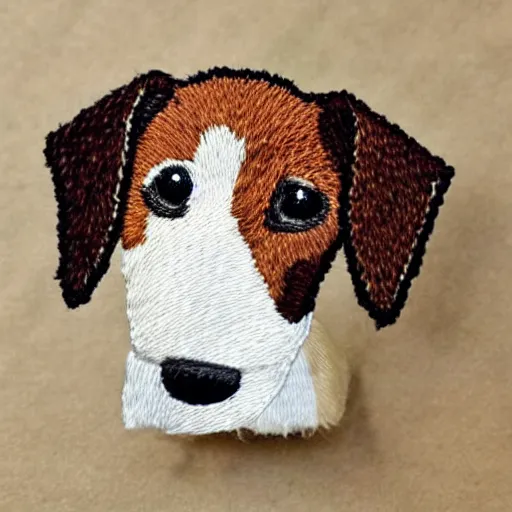 Image similar to a tiny beautiful handmade embroidery of a cute long haired jack russell terrier puppy, white with brown spots and patches over both eyes. hand embroidery.