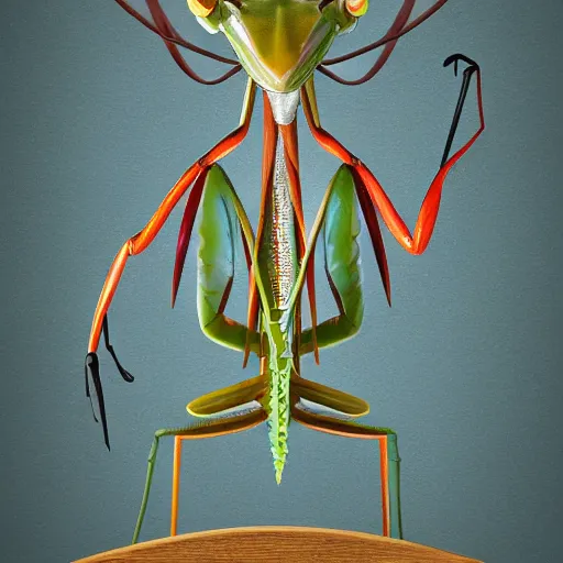 Image similar to and anthropomorphic praying mantis with a mitre and crosier, preaching at the pulpit to an audience, ultra detailed, 8 k, trending on artstation, award - winning art,