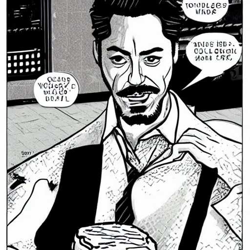 Image similar to tony stark eating a cheeseburger