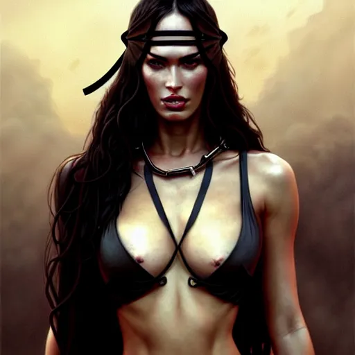 Image similar to portrait of megan fox, muscular upper body, slave collar, blindfold, bikini, fantasy, intricate, elegant, highly detailed, digital painting, artstation, concept art, matte, sharp focus, illustration, art by aenaluck and roberto ferri and greg rutkowski, epic fantasy, digital painting