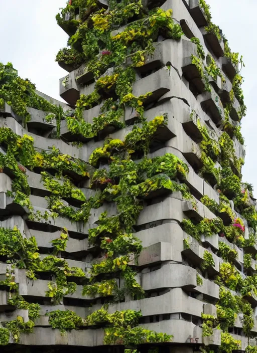 Image similar to brutalist buildings covered in colorful vines and flowers by Denys Lasdun