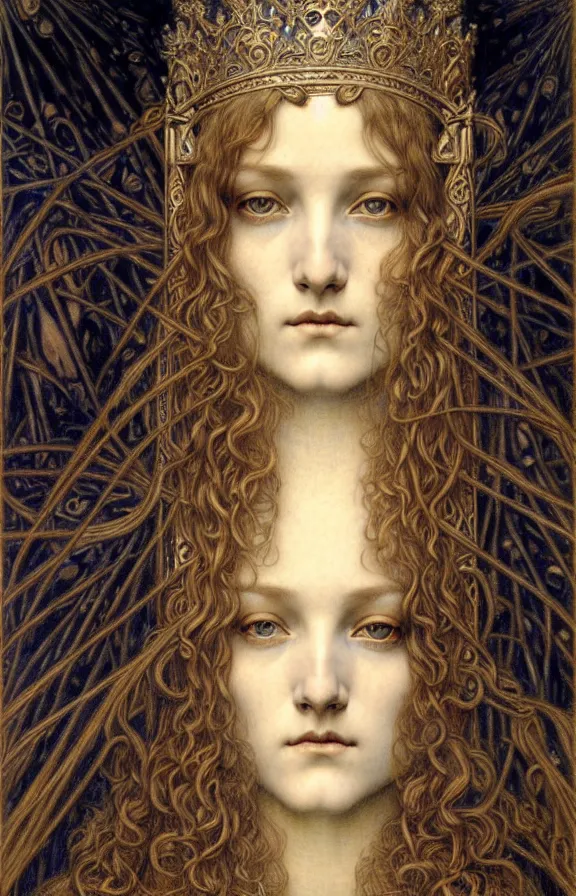 Image similar to detailed realistic beautiful young medieval queen face portrait by jean delville, gustave dore and marco mazzoni, art nouveau, symbolist, visionary, gothic, pre - raphaelite. horizontal symmetry