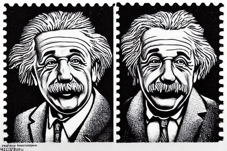 Prompt: goofy engraved portrait of albert einstein sticking tongue out, detailed!!! duotone engraving in the style of a postage stamp, freemason symbol, fine!!! lines, engraved by m. c. escher