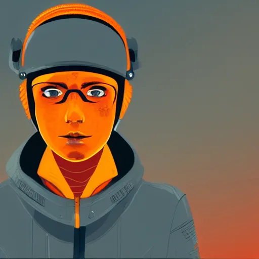 Image similar to in the style of deathburger and laurie greasley a close up of a young explorer wearing a cyberpunk headpiece with an orange visor, highly detailed, 8k wallpaper