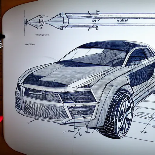 Image similar to Drawing, Blueprints for a car, science fiction, technical, high quality, engineering