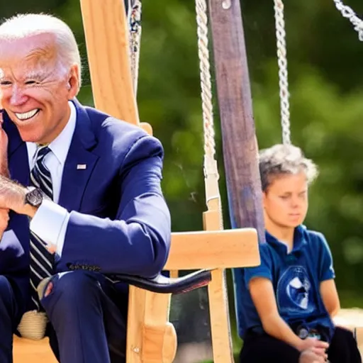 Image similar to Joe Biden rides a swing set while disappointed children watch him