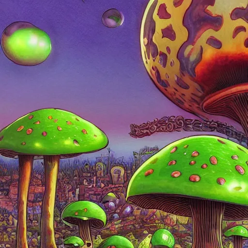 Image similar to A close up portrait of a dignified psychedelic godlike anthropomorphic frog smoking an anime blunt , magic mushroom village in background . award winning. superb resolution. in the art style of junji Ito and greg rutkowski . Detailed Mushroom city in background. Hyper realistic anime. Perfect art. Dalle2