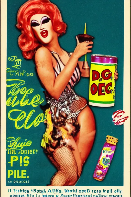 Prompt: drag queen on pickles cereal box, vintage packaging